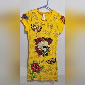 Women's Ed Hardy Yellow  Mini Dress Skull Design Size XL Runs Small